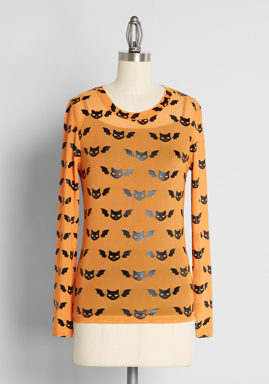 ModCloth x Dangerfield A Purr-Fect Swarm Long Sleeve Mesh Top