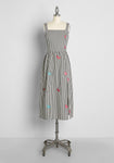 A-line Summer Square Neck Sleeveless Cotton Checkered Gingham Plaid Print Embroidered Slit Shirred Vintage Midi Dress