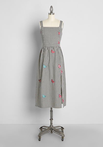 A-line Cotton Sleeveless Embroidered Vintage Shirred Slit Summer Checkered Gingham Plaid Print Square Neck Midi Dress