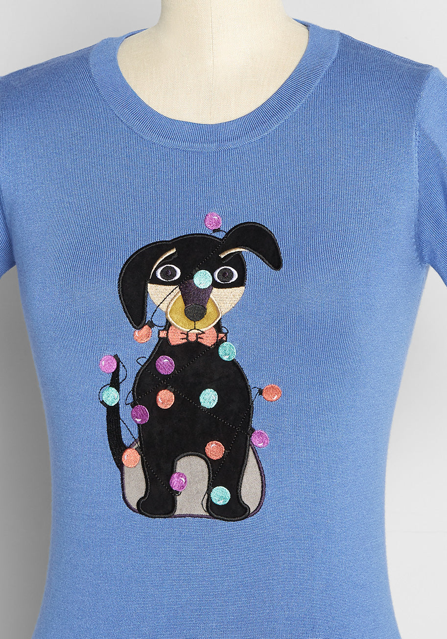 Dachshund Through the Glow Embroidered Knit Top