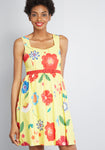 A-line Cotton Floral Print Back Zipper Pocketed Belted Button Front Summer Dress