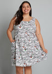 A-line General Print Above the Knee Scoop Neck Pocketed Gathered Stretchy Back Zipper Cotton Sleeveless Dress