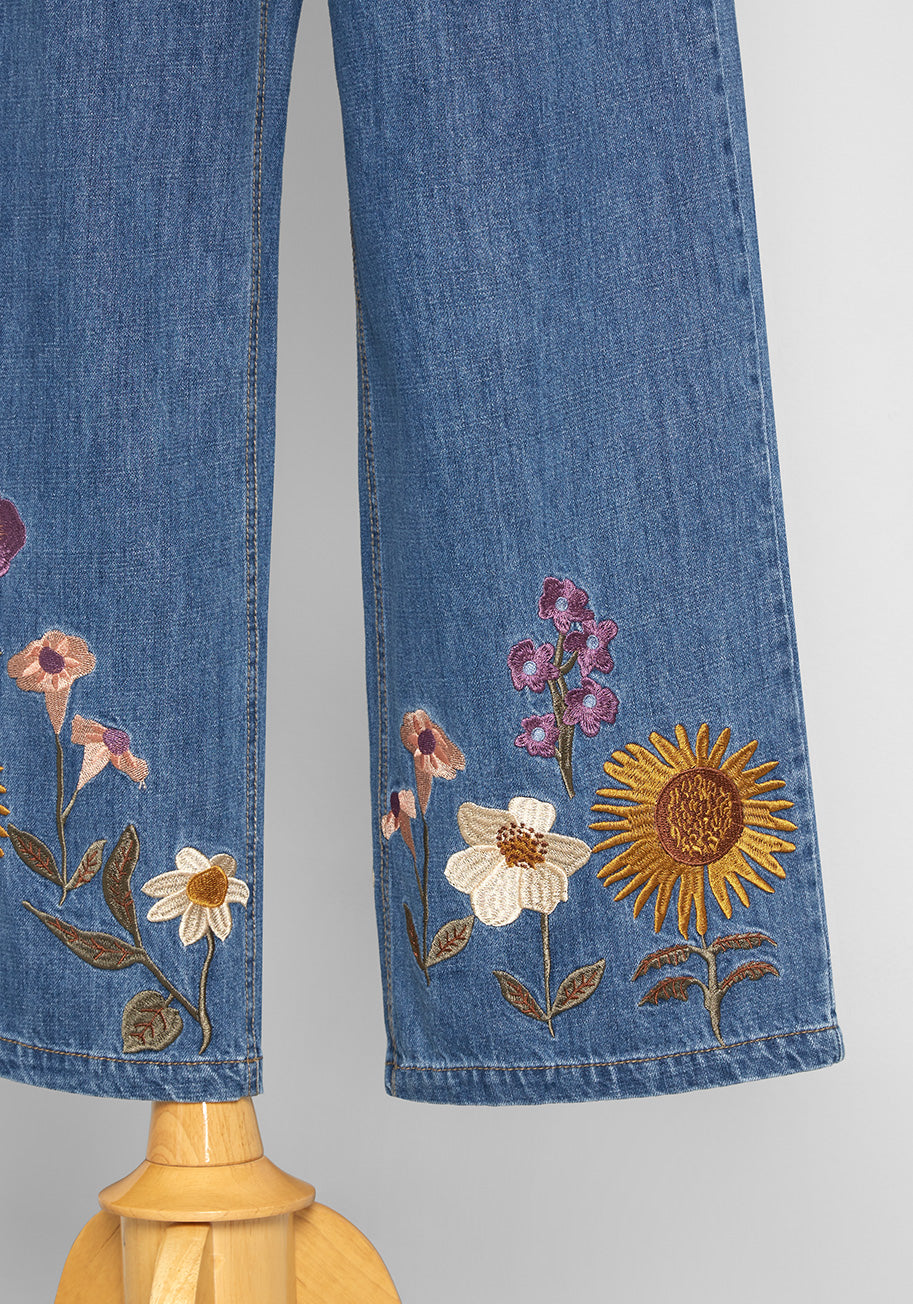 Into The Wildflowers Wide-Leg Embroidered Jeans