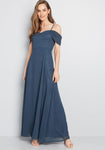 Polyester Pocketed Back Zipper Off the Shoulder Spaghetti Strap Ball Gown Maxi Dress