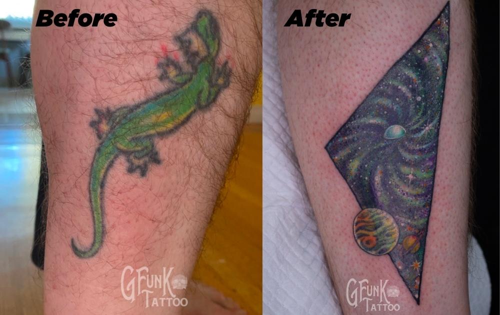 A cover-up tattoo done by Geoff Funk at The Fall from a lizard to the cosmos.