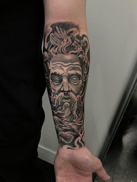 Various Greek and Roman small tattoos to fill a sleeve. The sleeve contains  Zeus Icarus Poseidons trident Perseus, holding medusa's head and atlas.  tattoo idea | TattoosAI