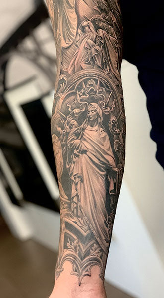 Black and grey tattoo of statue motive done by Dave Paulo | Post 13252