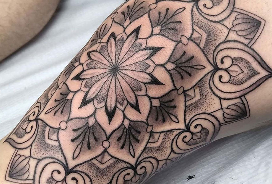 Finished my pair of knee flower mandalas Both done by Luke Reuben at  Eastside Tattoo in Portland OR  rtattoos