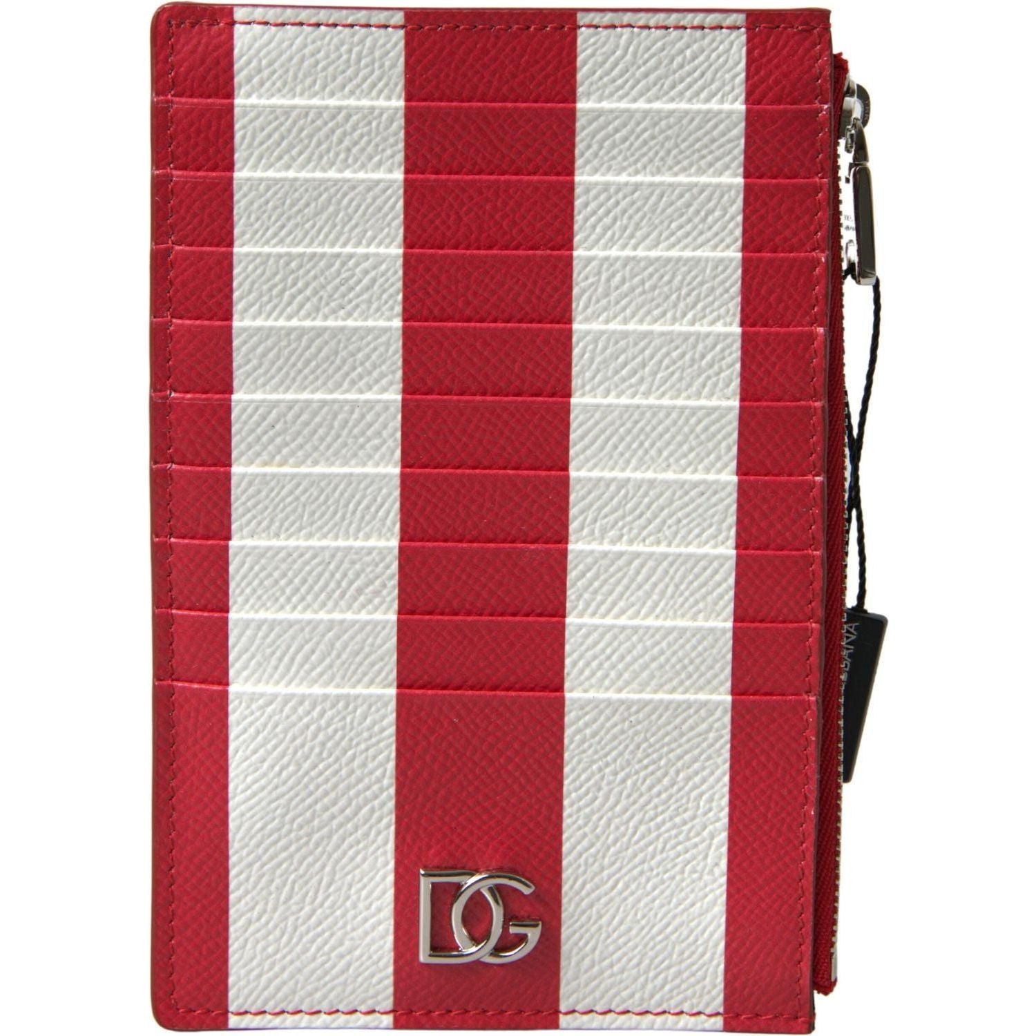 Dolce & Gabbana | Red White Leather DG Logo Zip Card Holder Wallet | McRichard Designer Brands