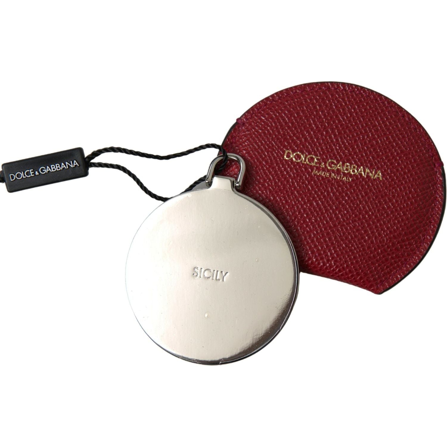 Dolce & Gabbana | Red Calfskin Leather Round Hand Mirror Holder | McRichard Designer Brands