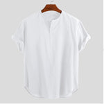 Solid Color Short Sleeve Men's Casual Vintage Linen V-Neck Short Sleeve Shirt