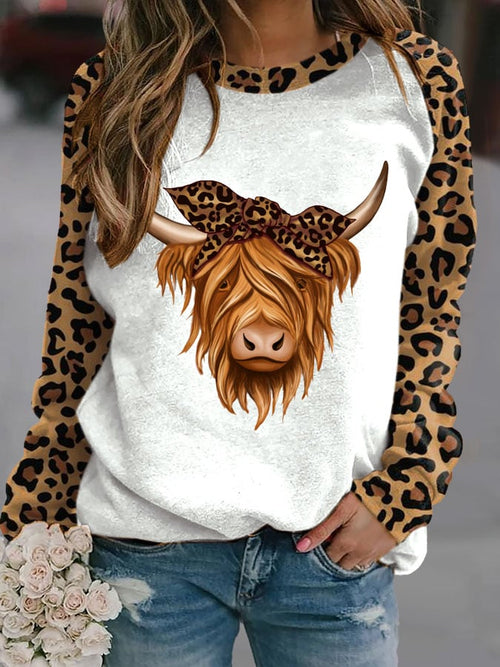 Women's Highland Cow Leopard Round Neck Long Sleeve Sweatshirt