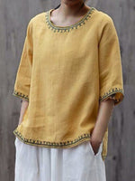 Women's Vintage Cotton Linen Solid Color Embroidery Round Neck  T-shirt