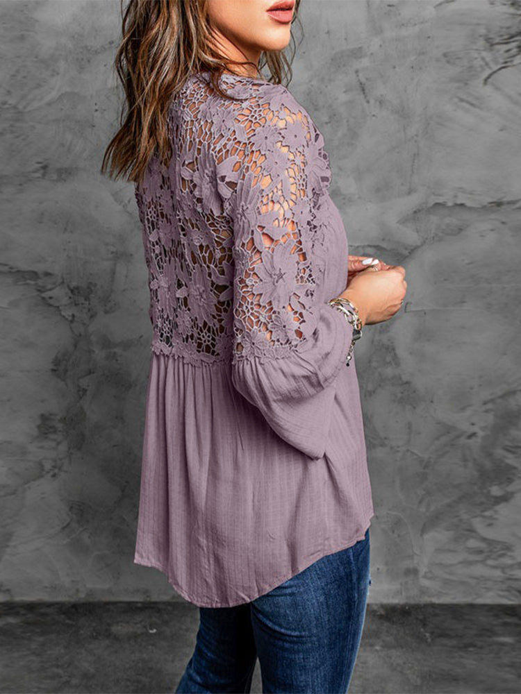 Women's Casual Flare Sleeve Lace Blouse Shirts Tops