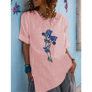 New Crew Neck Cotton Loose Floral Short Sleeve Top