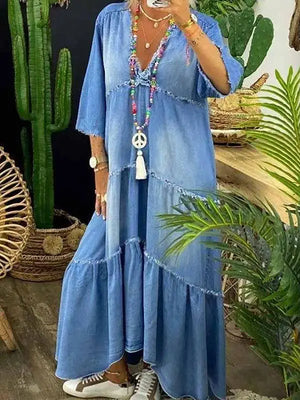 Maxi Dress Loose Fringed Half Sleeve - Swallows Nest Boutique & Cafe