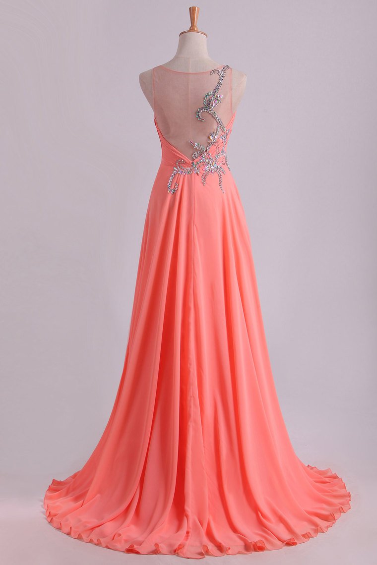 Prom Dress Bateau Fitted And Ruffled Bodice With Long Chiffon Skirt Sweep Train