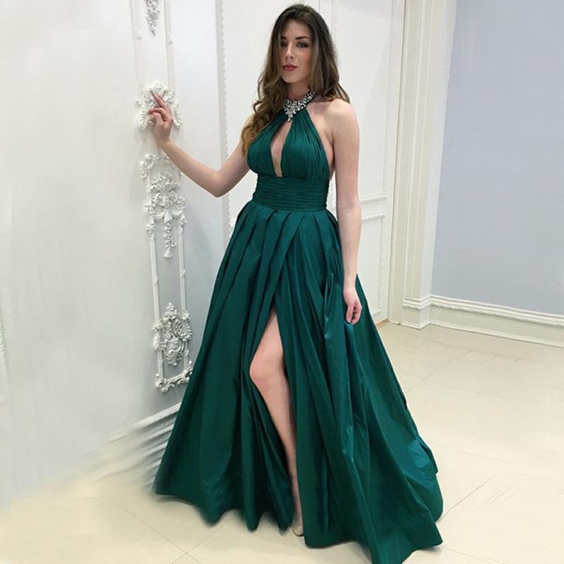 Sexy Halter Emerald Green Open Back A-line Side-slit Long Prom Dress ...