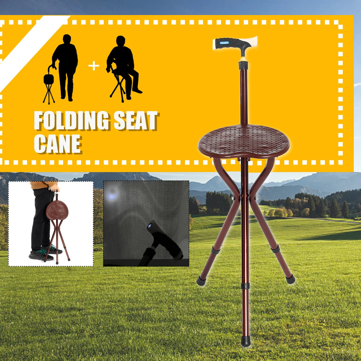 Premium Lightweight Folding Walking Stick Canes Chair With Light