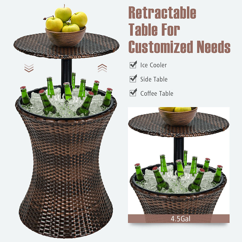 Outdoor Cooler Coffee Table - Adjustable Height Patio Rattan Cooler Bar Table - Cocktail and Coffee Table