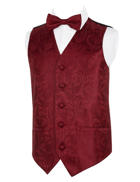 Boy's Paisley Jacquard Pre-Tied Bow Tie with Classic Floral Dress Suit Vest  Set, 077-Maroon