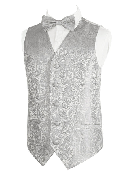 Boy's Paisley Jacquard Pre-Tied Bow Tie with Classic Floral Dress Suit Vest  Set, 077-Silver