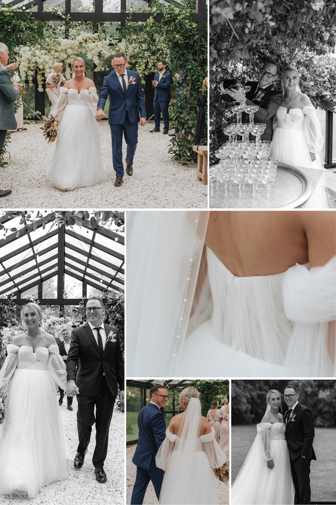 Bride wears off-the-shoulder dress with sleeves.