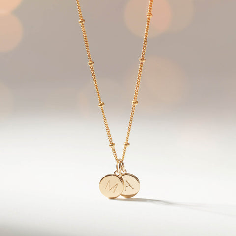 Necklace for Mother & Child. Gold Beaded Chain with two discs that can be engraved with two sentimental initials.