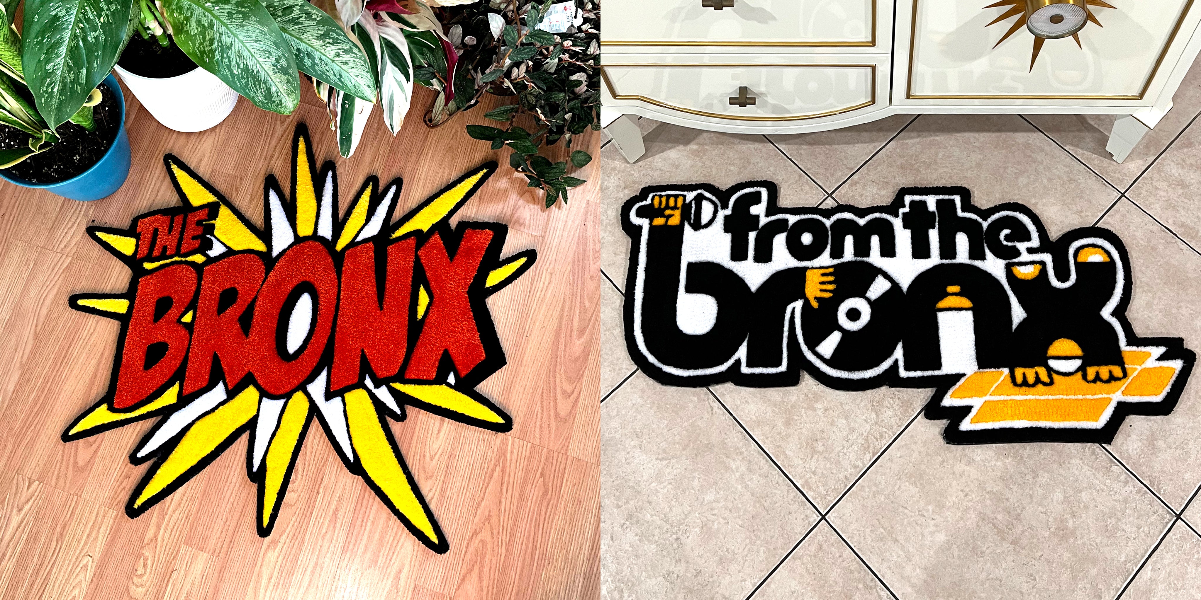 From L to R: Bronx POW! Rug & From The Bronx Logo Rug by Bodega Bloom