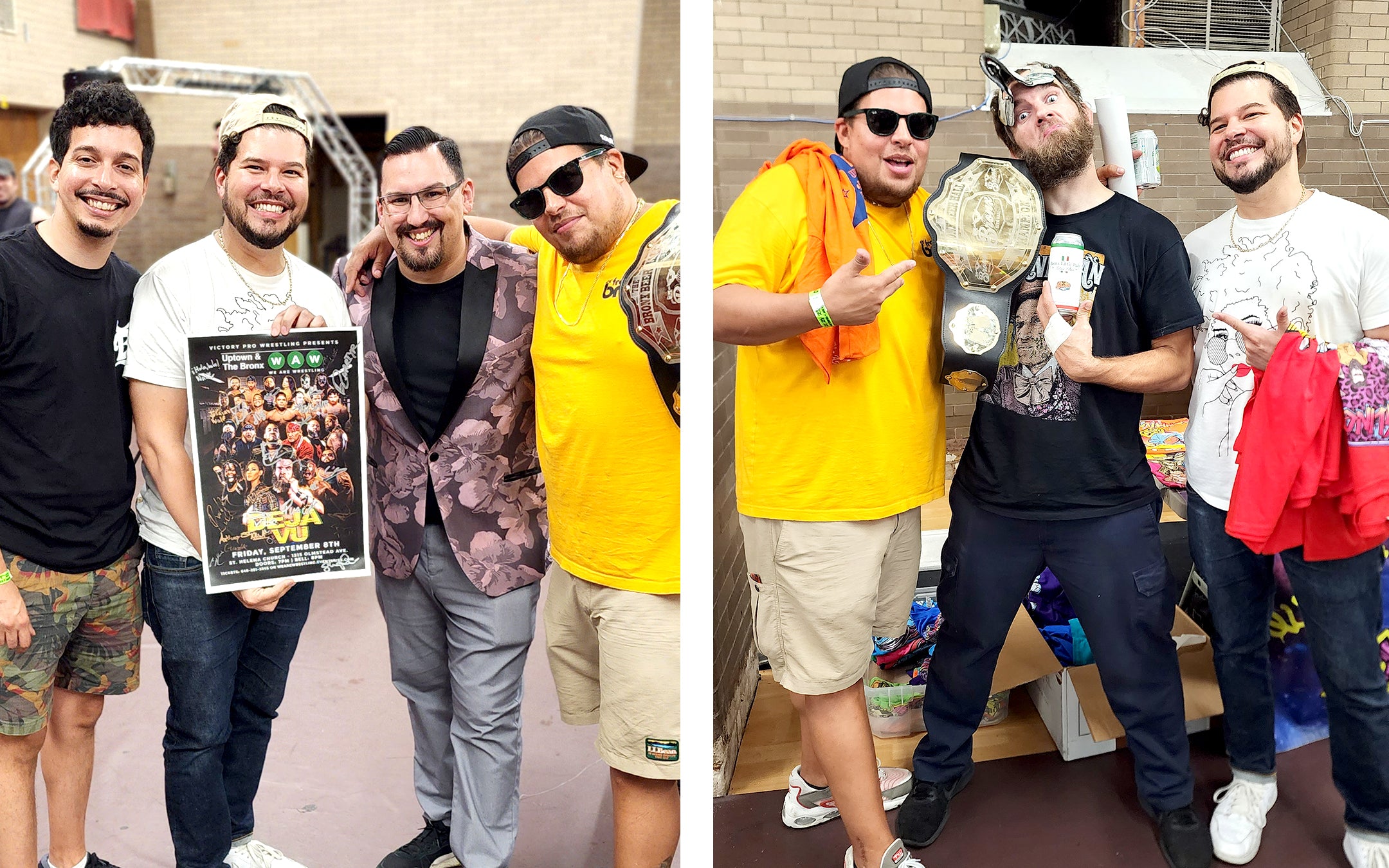 PICTURED (From L to R): From The Bronx's Derick, Anthony & Paul Ramirez with We Are Wrestling's Pete Rosado, From The Bronx's Paul & Anthony Ramirez with WAW Champion Rob Killjoy