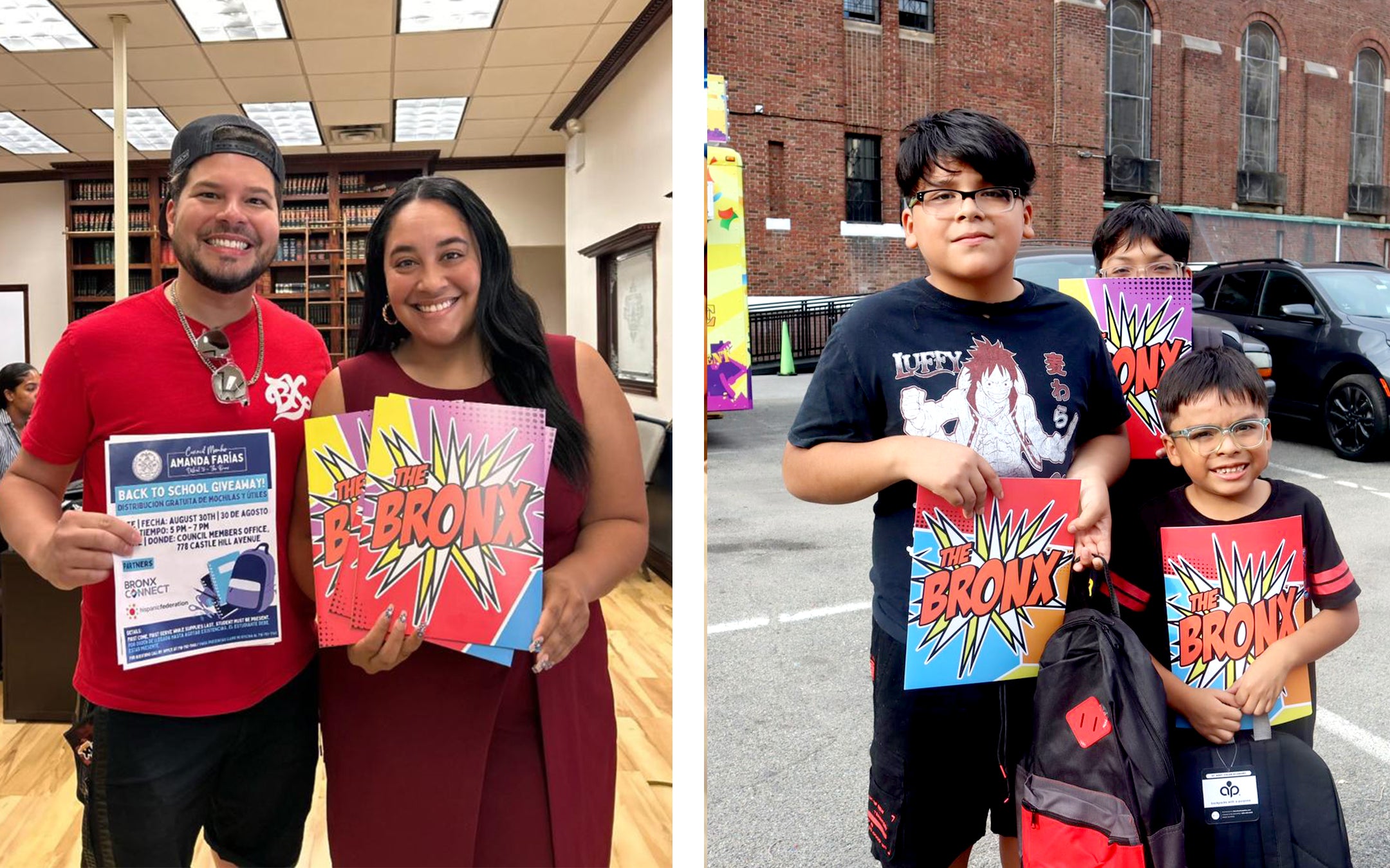 PICTURED (From L to R): Anthony Ramirez II with Council Member Amanda Farías, Local Students with Bronx POW! Folders