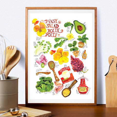 wild dining illustrated,	copyrighted,	patriciajacques.com, unitedwanderlust.com, Patricia Jacques Illustrator, Food illustrator, home decor, art prints, 	MCAD Artsale 2023, artsy gifts, gifts for women, gifts for foodies, gifts for men, housewarming gifts, birthday gifts, holiday gifts,  watercolor food illustrations, kitchen art, kitchen art prints, colorful, whimsical, bright, fun, affordable gifts, recipe Illustration