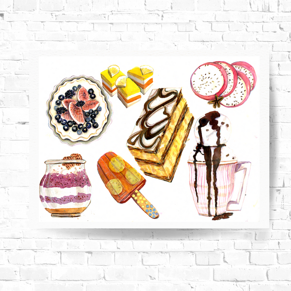 Watercolor Illustration, graphic illustration, visual art, stylized, illustration, fine art, food illustration, dessert illustration, kitchen decor, Napoleon watercolor illustration, home decor, realistic art, stylized, magical realism, freelance illustrator, mille-feuille, dragon fruit watercolor, kiwi popsicle, chocolate sunday ice cream watercolor illustration, dessert for breakfast, using ink with watercolor, greeting card illustration, wall art, editorial illustration, marketing graphics, cookbook illustrations, book illustrations