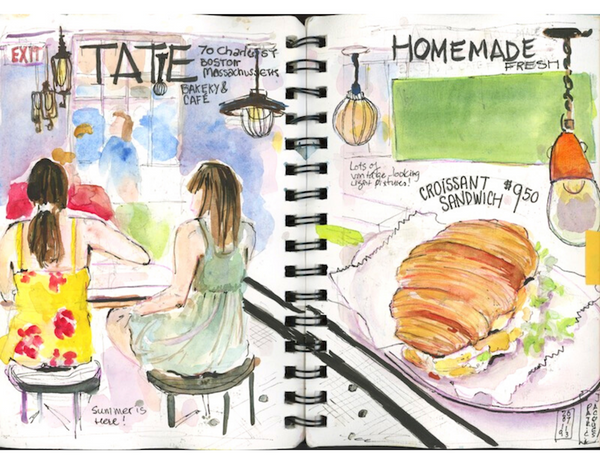 Boston, Tatte cafe, art journal, watercolor artist, marketing collateral illustration, advertising illustration, expressive art, visual art, fine art, marketing illustration, book illustrations, ethereal illustrations, atmospheric landscape, magical realism, timeless, watercolor illustration, travel art, graphic art, stylized, places to visit in the world, architecture illustration, atmospheric painting, dreamscapes, destinations, urban sketching trip, day trips, water-based mixed media, Woburn illustrator, pen and ink, illustrations, ethereal paintings, hand-lettering, pen and ink Illustrations, travel art, wanderlust.