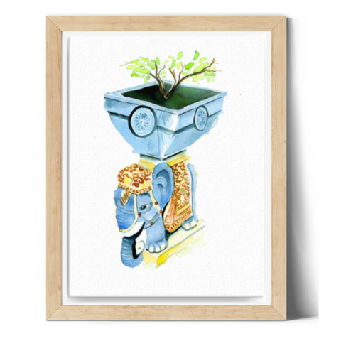 wall art, elephant planter, watercolor painting, elephant art, home decor, stylized, travel art, home decor gift, visual art, fine art, timeless, serenity, atmospheric, ethereal, gifts for travel lovers, atmospheric painting, expressive artwork, travel lover, landscape prints, elephant painting, the blue elephant, realistic art, home, bedroom wall decor, elephant print wall art, blue and green, animal art, visual texture, serenity, elephant watercolor painting, watercolor illustration.