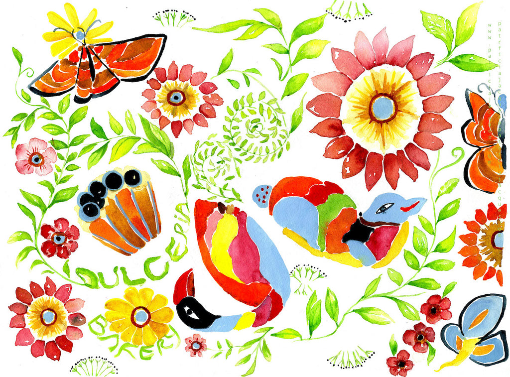 Watercolor Illustration, graphic illustration, visual art, stylized, illustration, cupcake illustration, food illustration, botanical illustration, floral surface pattern, Otomi art, magical realism, freelance illustrator, authentic, deer, sunflower, bees, animal illustration, travel lover, wet wash watercolor, using ink with watercolor, editorial Illustration