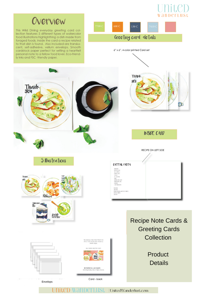 Overview board, greeting card art, wild food stationery technical pack, food illustrator, product development