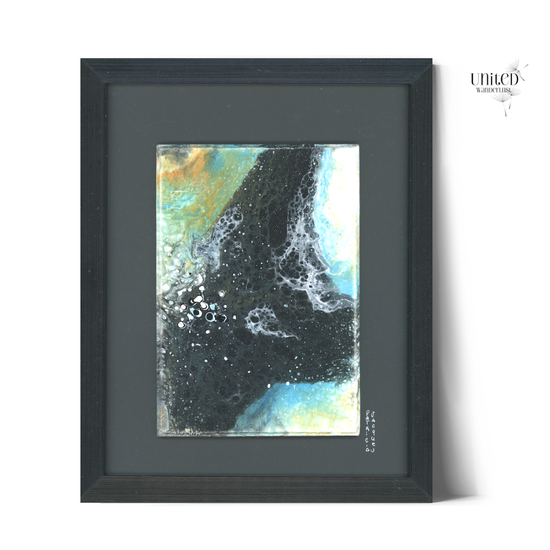 High contrast atmospheric abstract deep space landscape acrylic pour original framed painting Dark Rivers Event Horizon, wall art, expressive art, home decor, expressive artwork, travel art, home decor gift, visual art, fine art, art shop, artist shop, timeless, dreamscapes, serenity, atmospheric, ethereal, ethereal decor, gifts for travel lovers, wanderlust travel art, abstract art, canvas print, abstract canvas wall art, colorful paintings, serene paintings, budget decor, geometric abstraction, framed wall art, home accents, pour painting, international decor, bedroom wall decor, paint and pour, buy original fine art paintings, black and blue color palette.