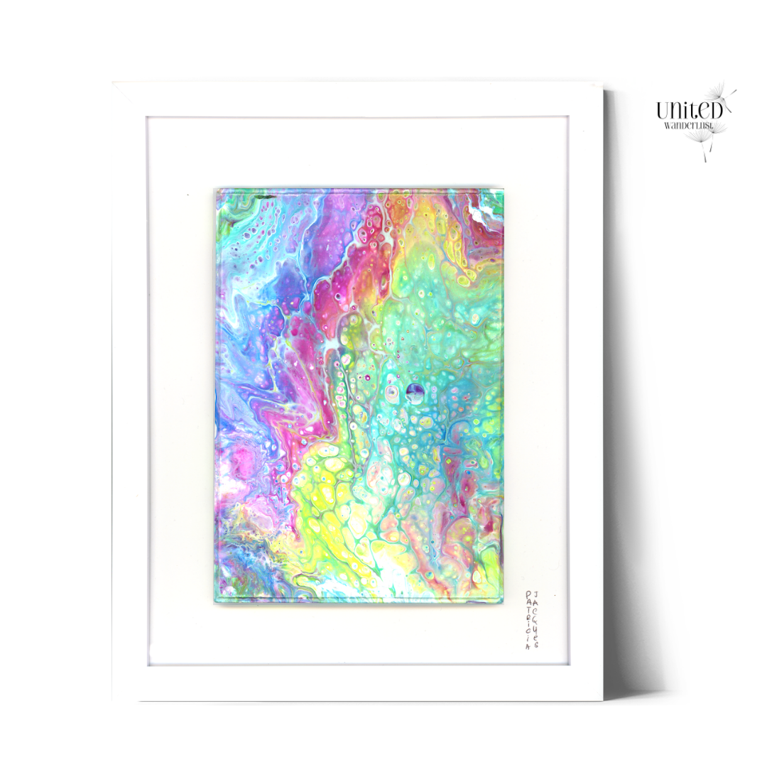 Colorful atmospheric abstract deep space landscape acrylic pour original framed painting Winged Protostar by artist and commercial illustrator Patricia Jacques owner of UnitedWanderlust.com