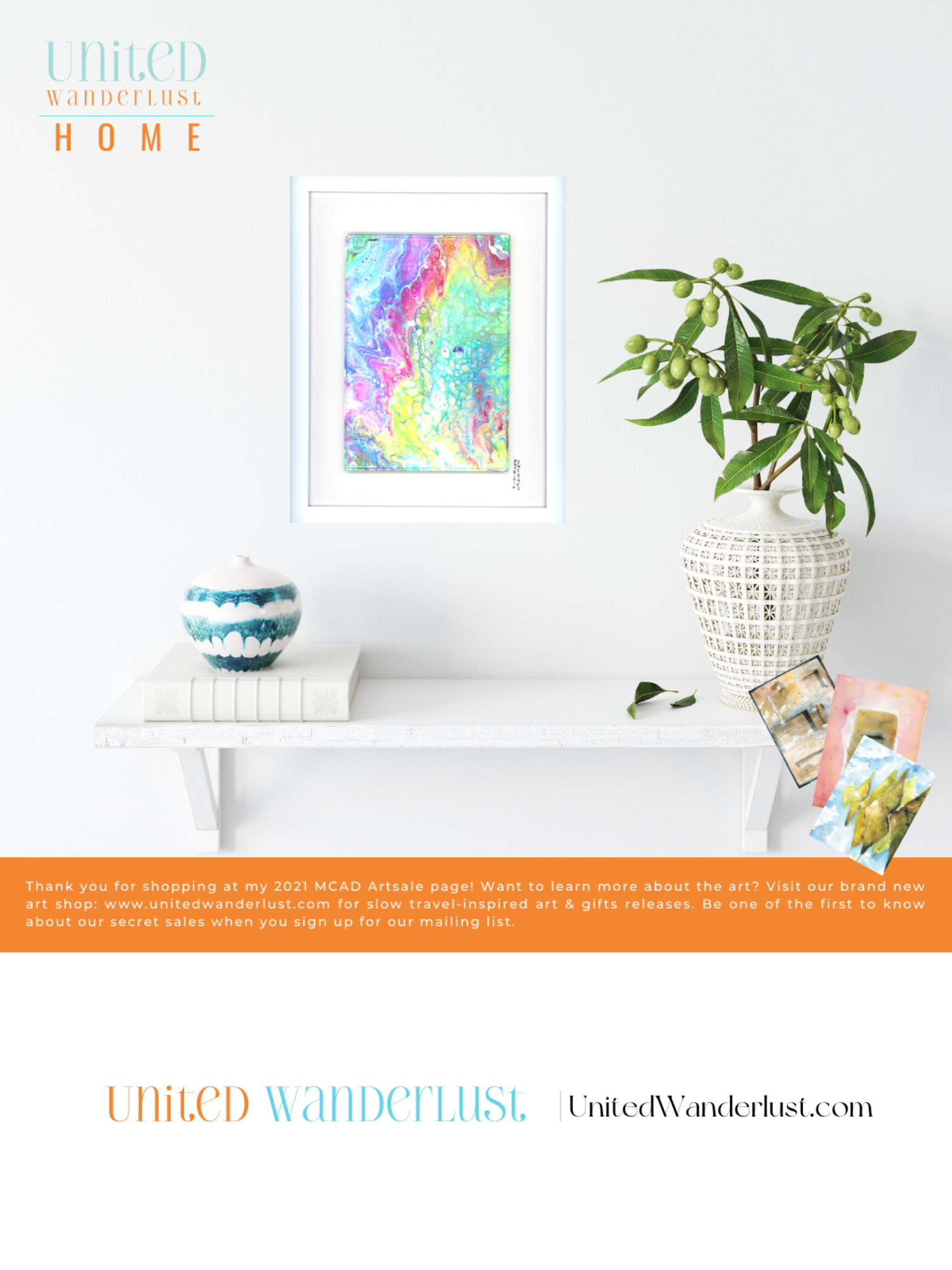 Colorful atmospheric abstract space landscape acrylic pour original framed painting Winged Protostar by artist and commercial illustrator Patricia Jacques owner of UnitedWanderlust.com against white hallway wall and hung over shelf with tropical indoor plant and a blue-striped jar.