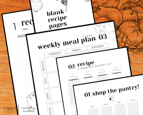 Weekly recipe planner and weekly meal planner notebook for menu planning, meal prep and seven day meal plan. Breakfast, lunch, dinner and snacks. Weekly recipe planner with grocery list. blank recipe book. Weekly Calendar pages and Pantry inventory pages.