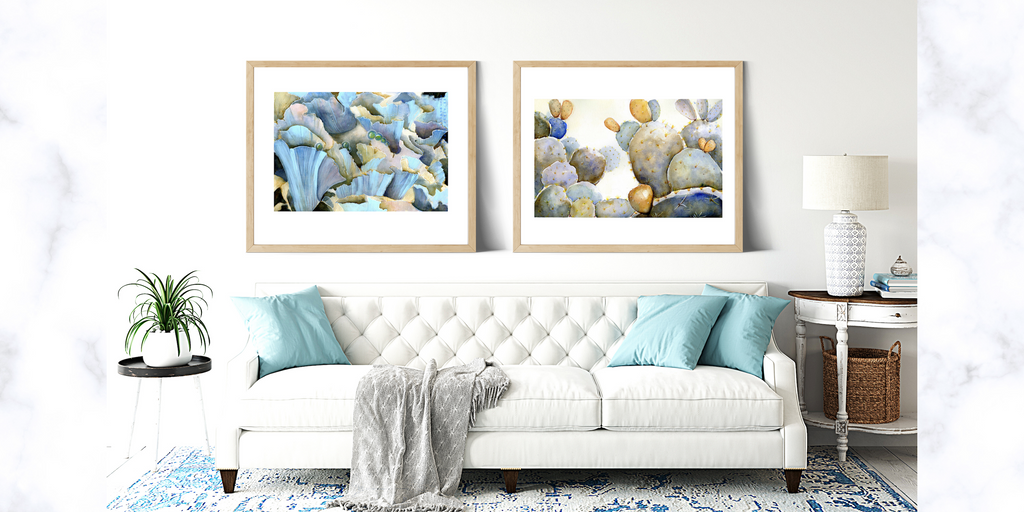 Living room with stylized watercolor wall art of edible, foraged cactus and chanterelle framed original art
