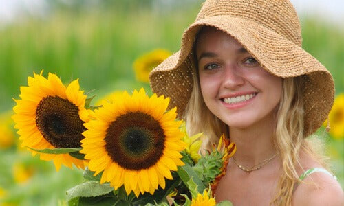 Smiling Girl with Sunflowers