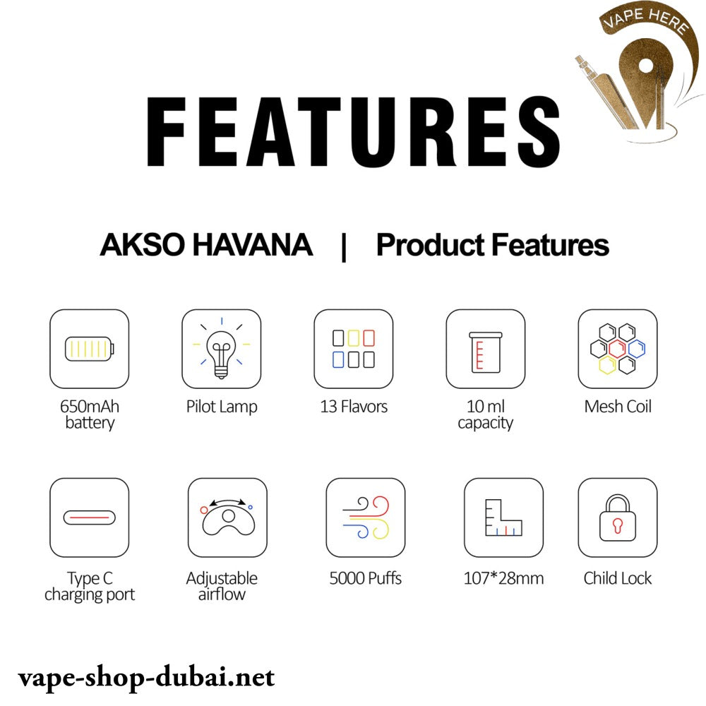 AKSO HAVANA DISPOSABLE VAPE 5000 PUFFS (Close Pod System) UAE Abu Dhabi