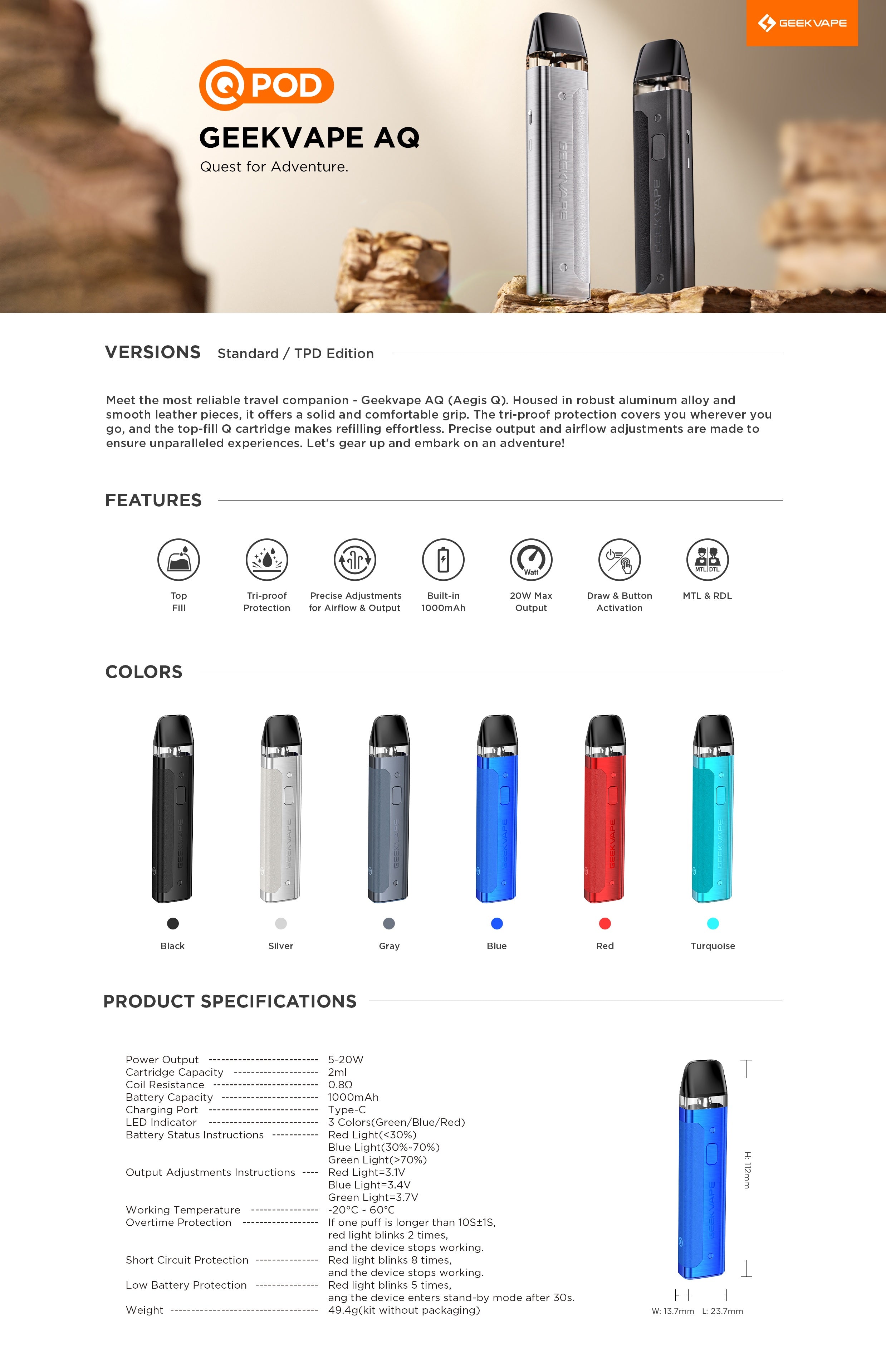 GEEKVAPE AQ VAPE POD SYSTEM features and specifications