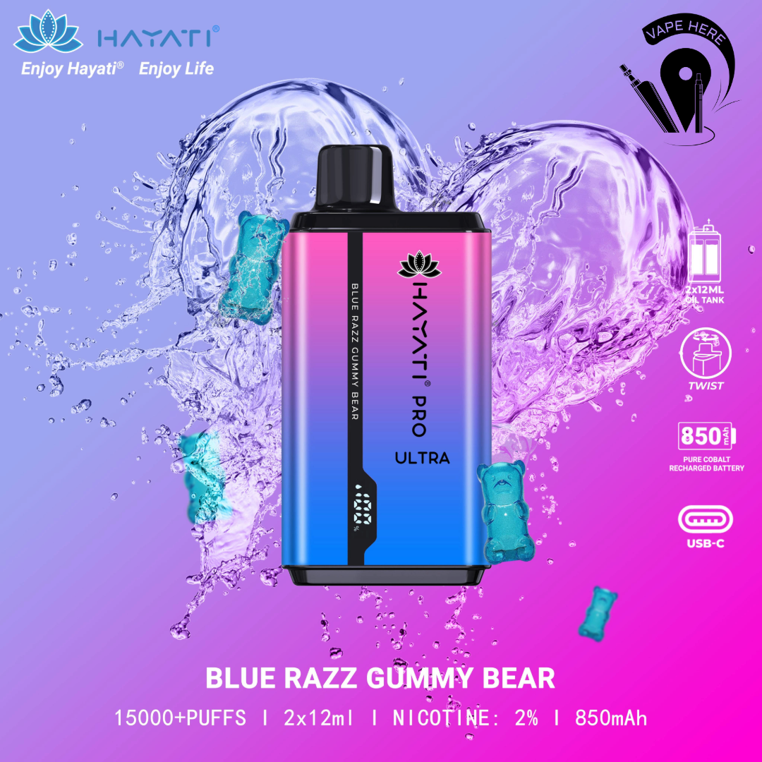 Hayati Pro Ultra 15000 Puffs Disposable Vape 20mg Blue Razz Gummy Bear UAE Al Ain