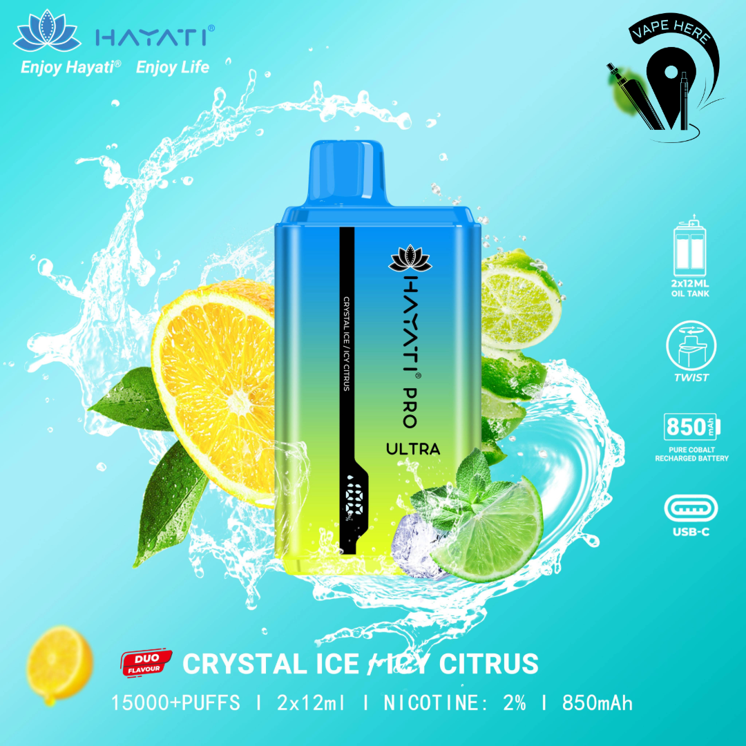 Hayati Pro Ultra 15000 Puffs Disposable Vape 20mg Crystal Ice Icy Cirtus UAE Abu Dhabi