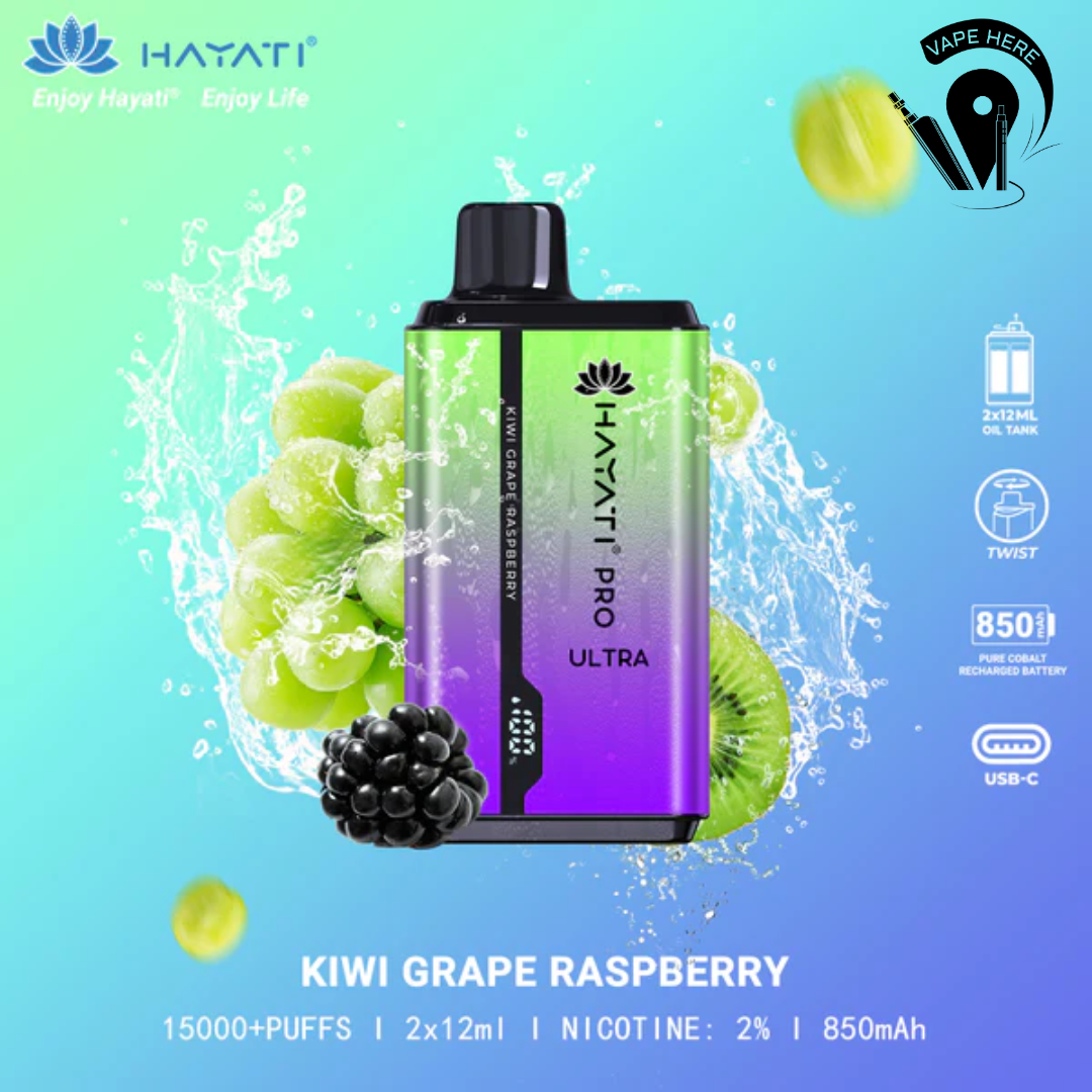 Hayati Pro Ultra 15000 Puffs Disposable Vape 20mg Kiwi Grape Raspberry UAE Ajman