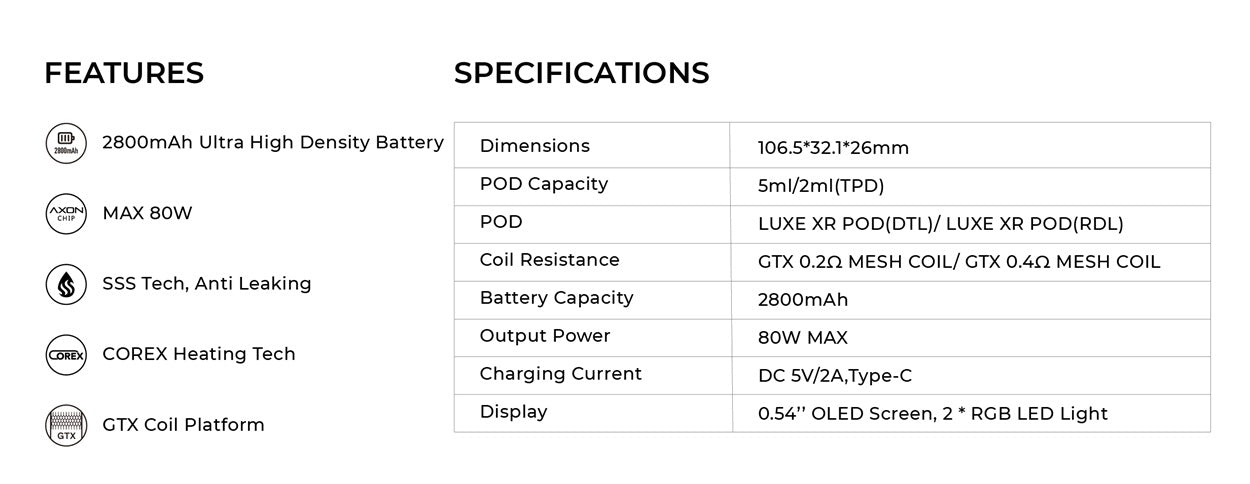 LUXE XR MAX Pod MOD System specifications