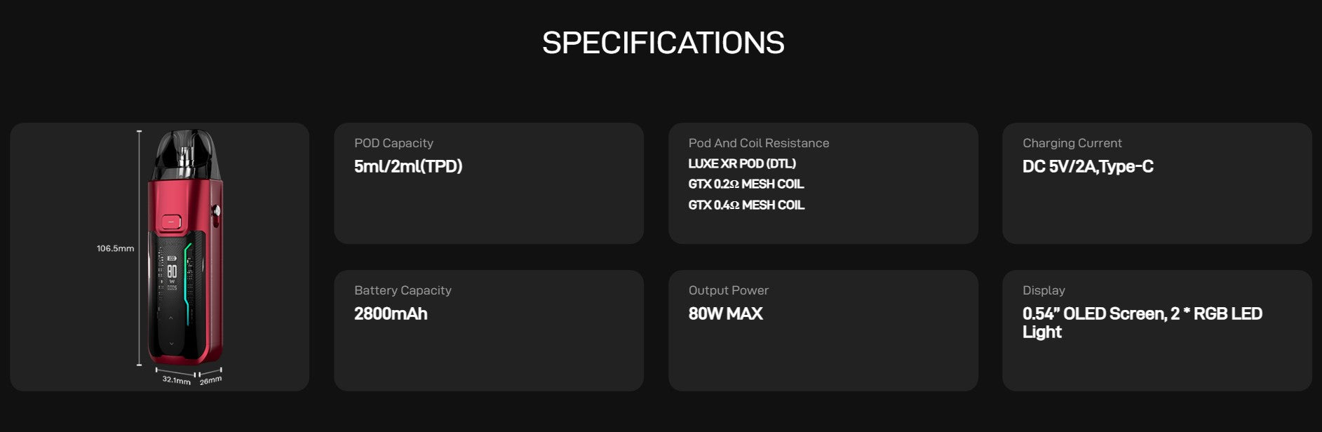 LUXE XR MAX Specifications